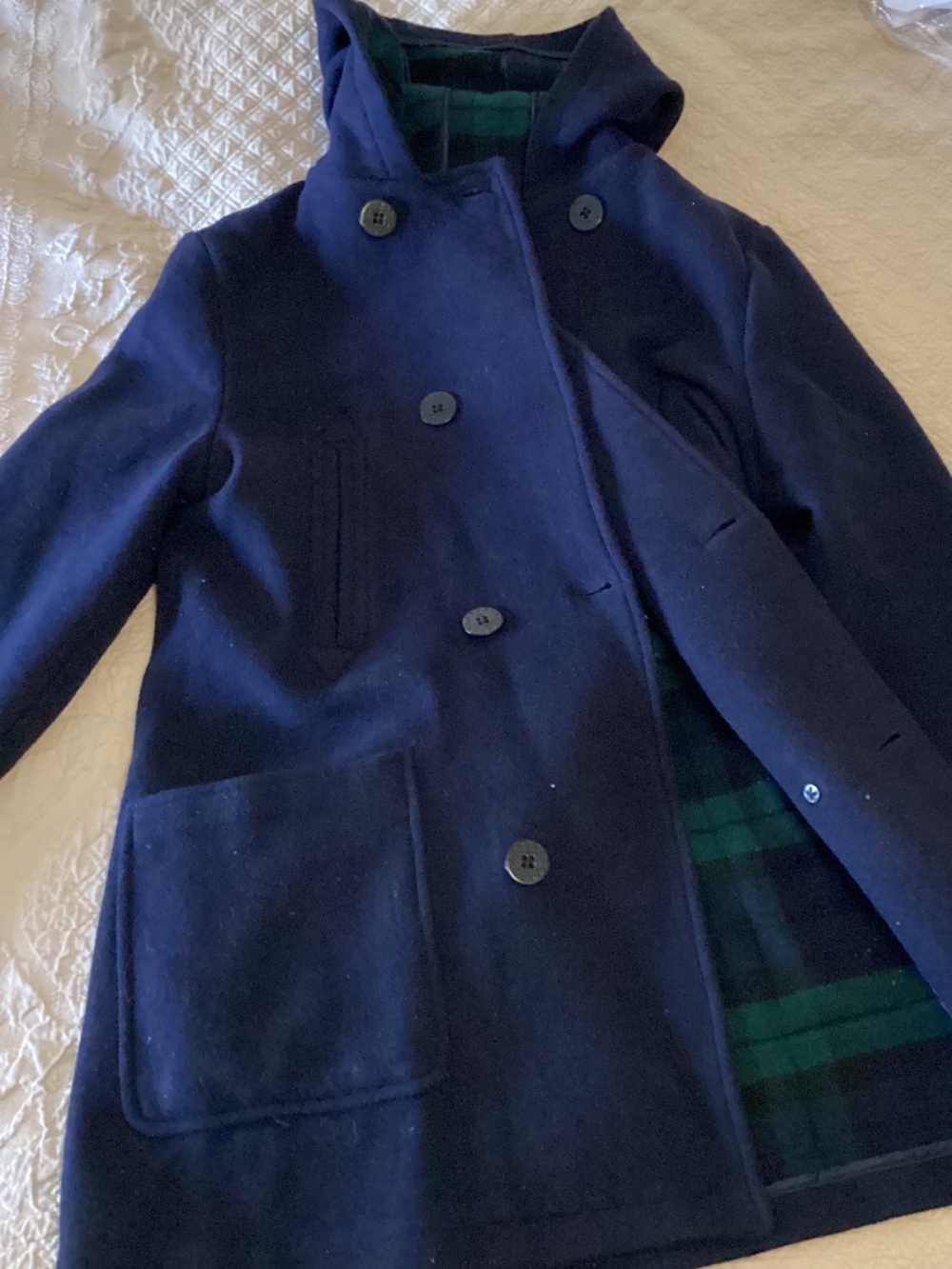 Polo Ralph Lauren boys size 14/16 wool pea coat hooded style with plaid interior